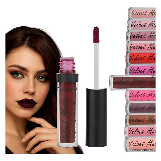 Batom Velvet Matte 24h A Prova De Água Intransferível Phoera Cor 207- Vampire ( Cor Vinho, Roxo Escuro ) Alta Fixação, Longa Duração, Acabamento Aveludado e Confortável