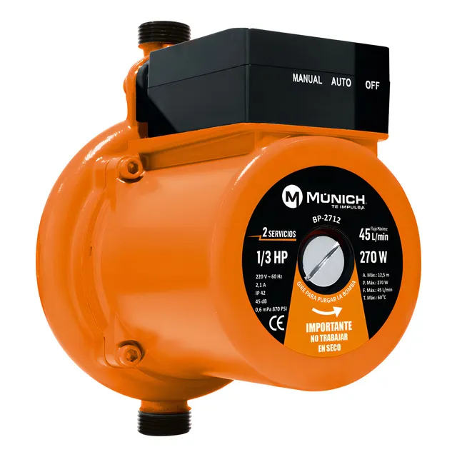 Bomba Presurizadora 1/3hp 270w automática/manual silenciosa para tres servicios simultáneos. Munich Bp-2712