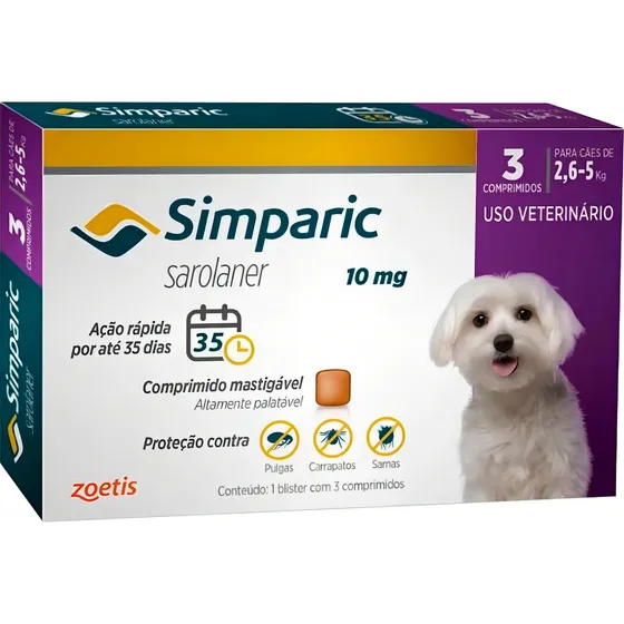 Antipulgas Simparic Zoetis Cães 2.6 kg 5 kg Cx 3 comp.