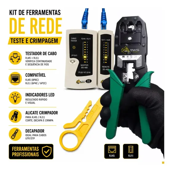 RWS IMPORTS Alicate Crimpagem RJ45 RJ11 + Testador Cabos Rede e Telefonia
