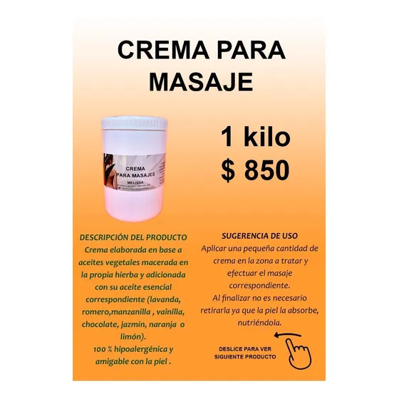 Crema De Masaje Romero,lavanda Manzanilla,jazmín,chocolate,vainilla,limon O Naranja