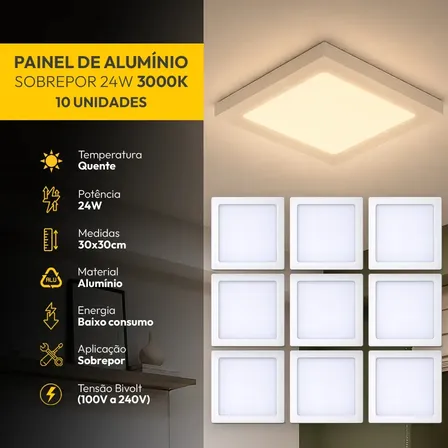 Kit 10 Painel Led Plafon Aluminio Sobrepor 24w 3000k Branco Quente 29x29cm Quadrado Cod: ALUT002008-10 Alut By Avant
