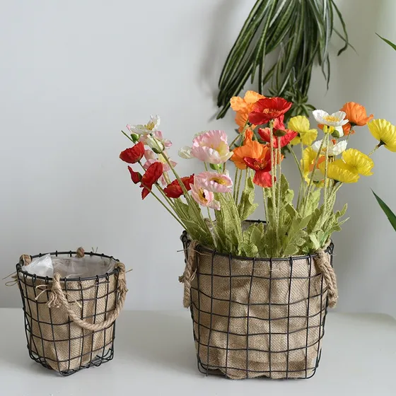 Set 2 Macetas Tela Y Metal Florero Canasto Cesto Jardin Lcm