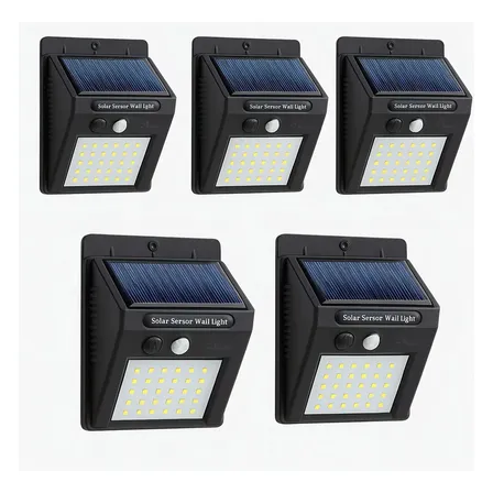 Kit 5 Luminaria Solar Luz Led Com Sensor Presença Automático Preto
