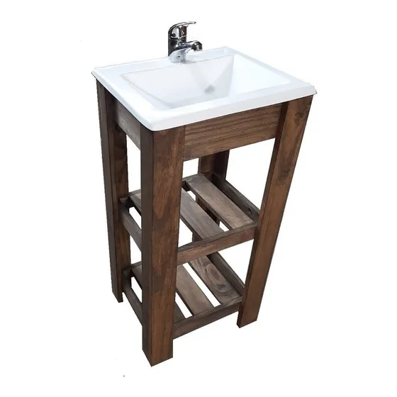 Mueble para baño DF Hogar Campo pie + bacha de 40cm de ancho, 80cm de alto y 33cm de profundidad, con bacha color blanco y mueble nogal oscuro con un agujero para grifería