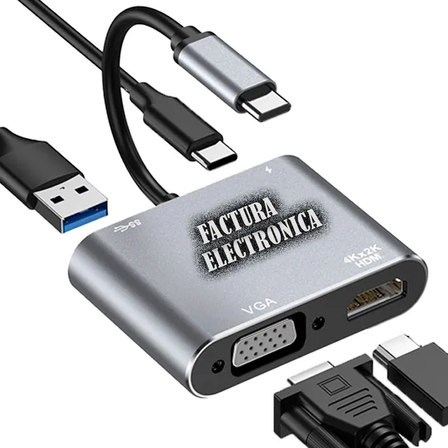 Adaptador Hub Usb C 4 En 1 A Hdmi, Vga, Usb 3.0, Usb C Pd