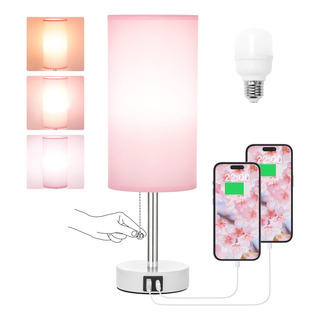 Lámpara De Mesa Rosa Con 3 Modos Y Puertos Usb-c Y A Lámpara De Mesa Rosa Con 3 Modos Y Puertos Usb-c Y A