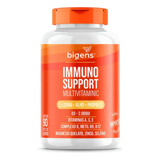 Multivitamínico Immuno Support: D3 2000 Ui + Vitaminas A, C, E + L-lisina + Alho + Própolis + Complexo B (b9, B12) + Magnésio Quelato, Zinco E Selênio - 90 Cápsulas Bigens