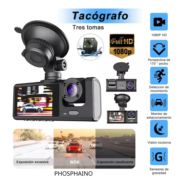 Phosphaino Cámara Para Automovil 3 1080p Dashcam Hd 1080p De 170° Para Automóvil Camara Para Auto Accesorios Para Camioneta Dash Cam Camara De Reversa Led Para Pantalla