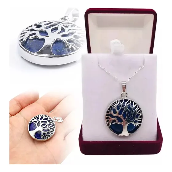 Collar Lapislázuli Arbol De La Vida Raices Cadena Plata 925 Color Azul