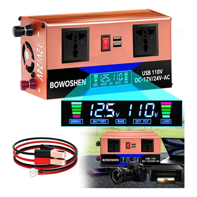 Inversor Corriente Para Auto 12v/24v a 110v BOWOSHEN Industria Portátil Con 2 Enchufe y 2 Puertos USB, Inversor De Alimentación De Coche 2000 W Compatible con Computadoras, TV