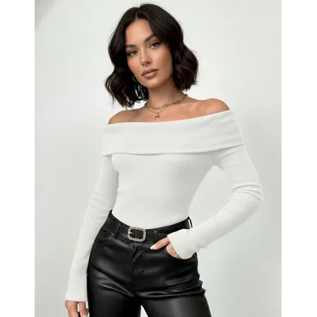 Blusa Feminina Ombro A Ombro Manga Longa Inverno Elegante
