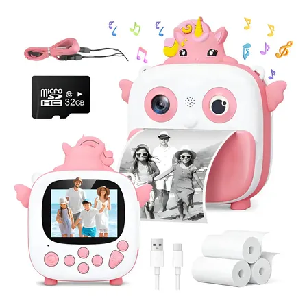 Câmera Fotográfica Instantânea Infantil Full Hd Com Selfie, Impressão E Gravação De Vídeo + Cartão 32gb + 3 Rolos De Papel Rosa