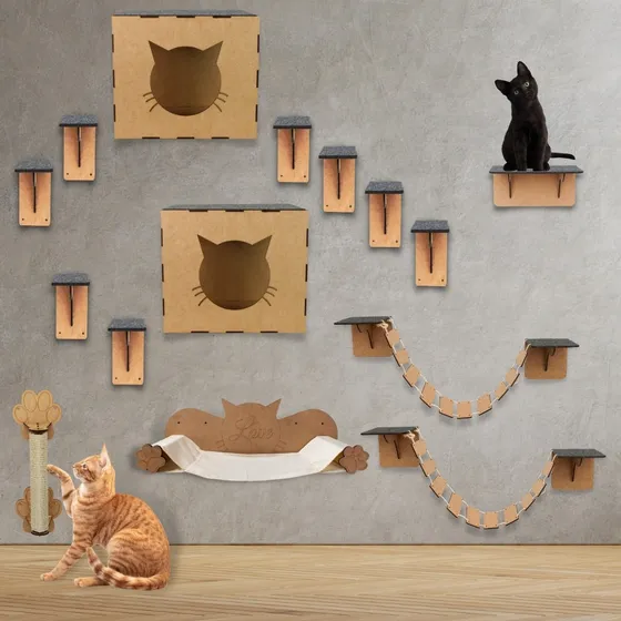 Kit Playground Gato Circuito Parede 15 Pçs Arranhador Rede Cor Cru