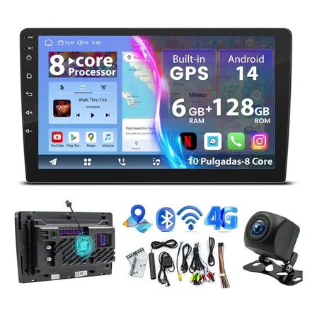 Gearelec Auto Estereos Pantalla 6+128g 8 Núcleos 10 Pulgadas Carplay 2 Din Android Auto Bluetooth Usb Wifi 4g Sim Rds Fm Dsp Am Gps Radio Carro Con Cámara Admite Amplificador Subwoofer