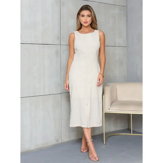 Vestido Midi De Linho Com Fenda E Forro Interno