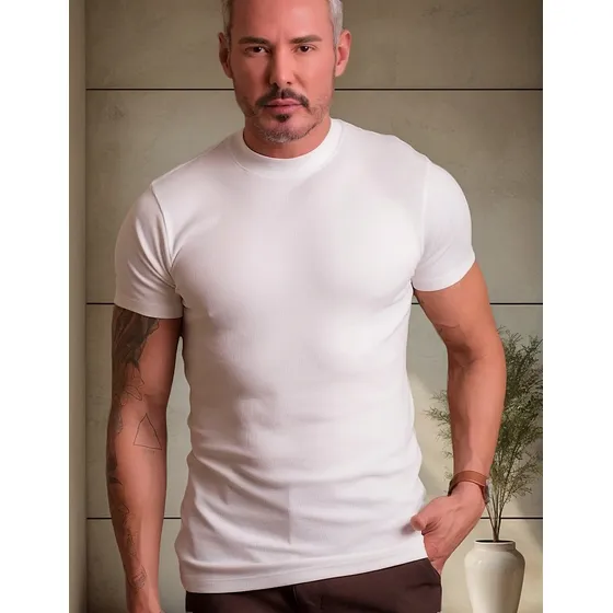 Camiseta Masculina Canelada Camisa Gola Media Texturizada