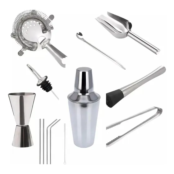Set Coctelero Profesional 13 Piezas MTL Acero Inoxidable Mixología Bartender Kit Coctelera 500ml Jigger Medidor Cuchara Larga Sorbetes Colador Oruga Pisón Pala Hielo Pinza Cócteles