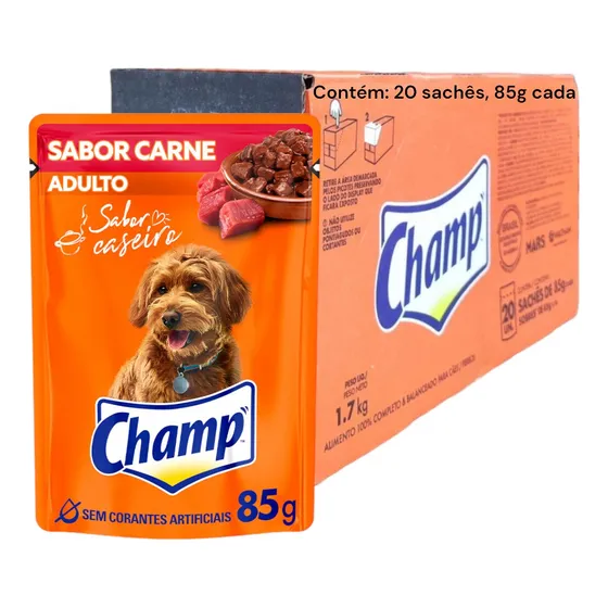 Caixa Ração Umida Champ Adulto Carne 20 Unidades 85g