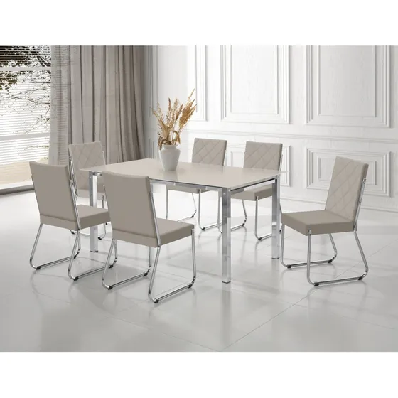 Conjunto Sala De Jantar Mesa Ortenia Tampo Vidro Com 6