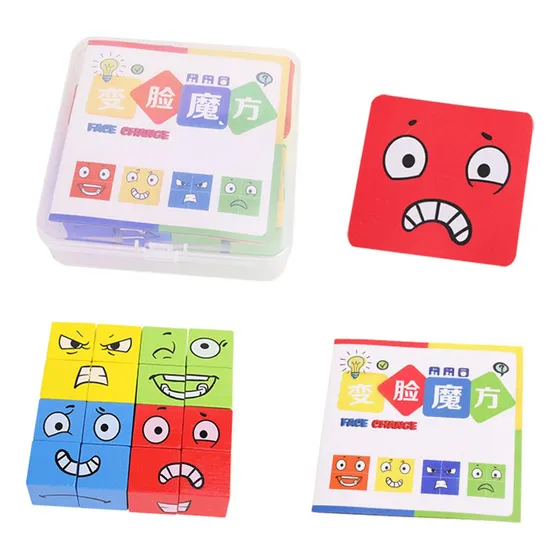 Rompecabezas De Bloques A Juego De Expresiones De Madera - Juguetes Montessori Que Cambian La Cara Para Niños Pequeños | Cubos De Construcción Educativos Para Niños En Edad Preescolar De 3 Años Naysku