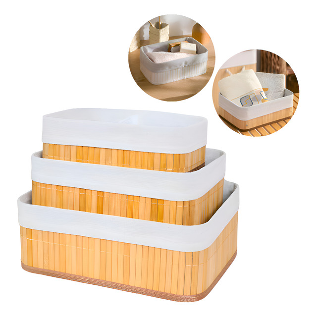 Kit 3 Cestos Organizador De Bambu Multiuso Com Forro Kit 3 Cestos Organizador De Bambu Multiuso Com Forro