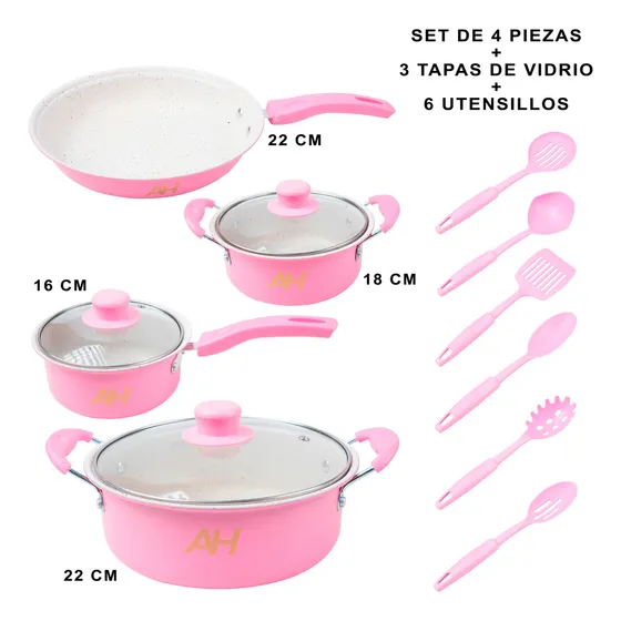 Batería De Cocina Alpina Alpina Home Gra 104 Con 13 Piezas De Hierro Rosa