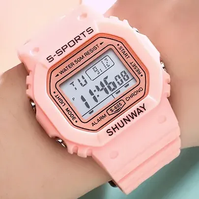 Relógio Digital Feminino À Prova D'água Com Led Alarme Rosa