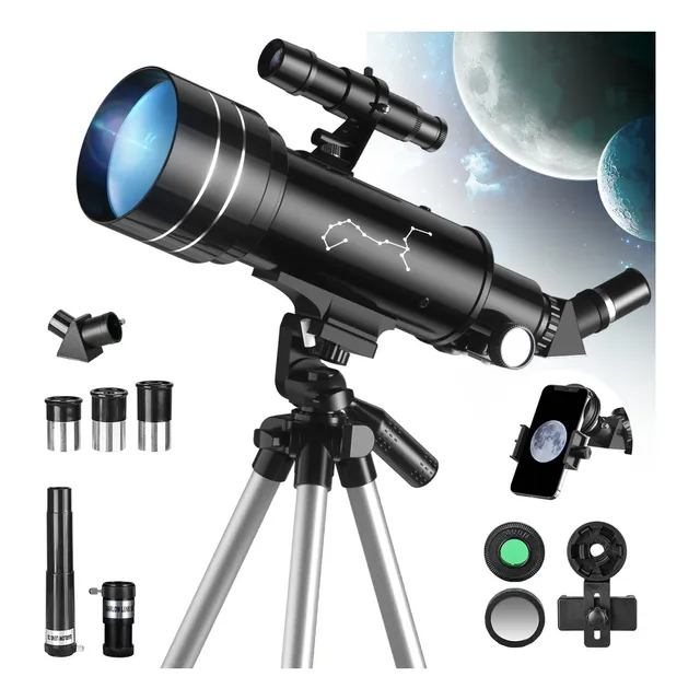 Suzwip Telescopio Astronómico Profesional 70/400mm Monocular 333x, Telescopio Refractor Astronómico Con Trípode Ajustable, Buscador Y Soporte Para Teléfono Móvil Para Niños Y Principiantes Negro