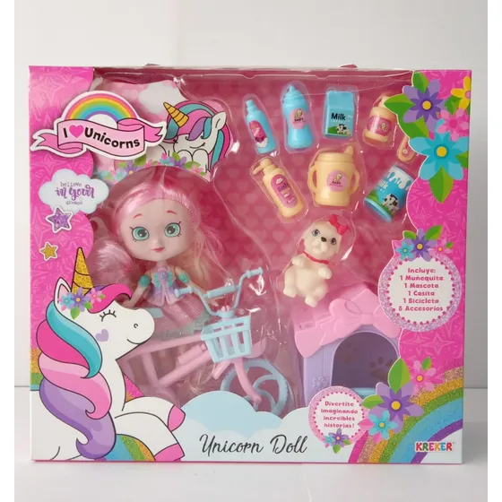 Muñeca Con Bicicleta De Pelo Largo Rosa Con Acc Kreker