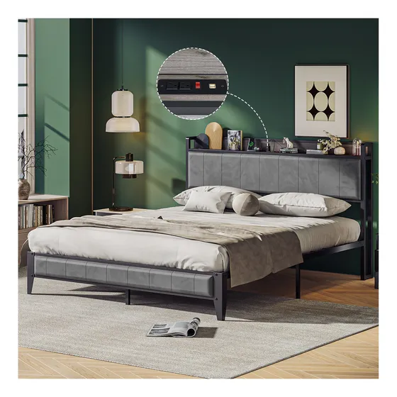 Base Cama Matrimonial Full Cabecera Puertos Usb Color Gris