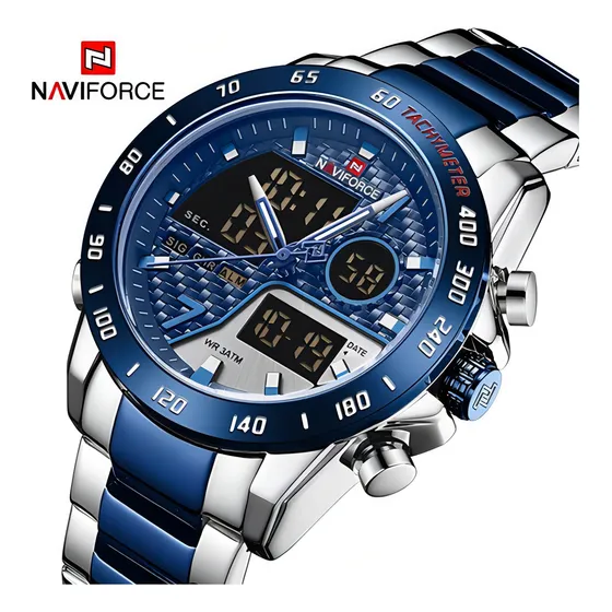 Reloj De Lujo Naviforce Digital Led Modelo 9171 Color Azul Color de la correa Azul/Plateado
