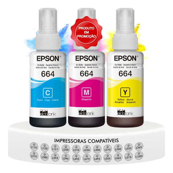 Kit 3 Refil De Tinta Epson 664 - Amarelo, Ciano E Magenta Tinta Colorida