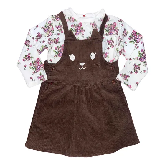 Conjunto Vestido Overol Blusa Floreada Bordado Gatita