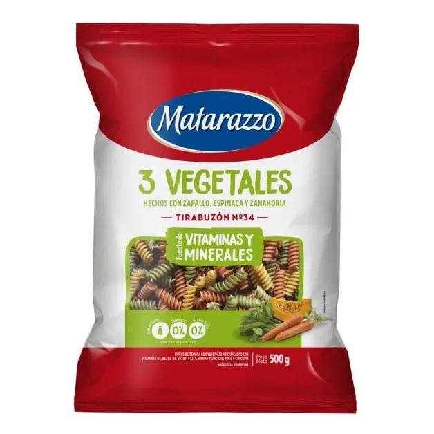 Fideos Tirabuzón 3 Vegetales Matarazzo  Pasta X 500 Gramos 