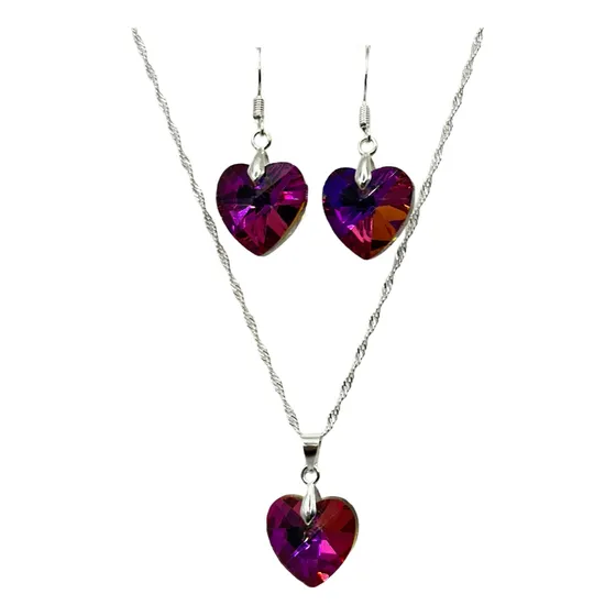 Conjunto Cadena Aros Swarovski Corazón Rosa Plata 925 + Caja