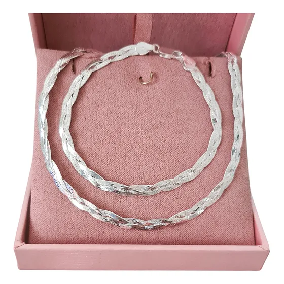 Conjunto Colar E Pulseira Trançada Prata 925 3 Fios 45 Cm
