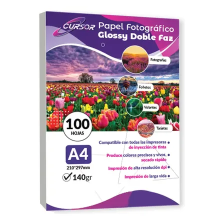 Papel Fotográfico Doble Faz Glossy Cursor A4 140 Gr 100 Hjs