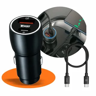Carregador Veicular Usb-c Pd Usb Turbo 60w C7 Tipo C + Cabo Carrega 2 Celulares Juntos Compatível Android Galaxy Ios iPhone Super Rápido Para Carro Casenn Preto/cinza