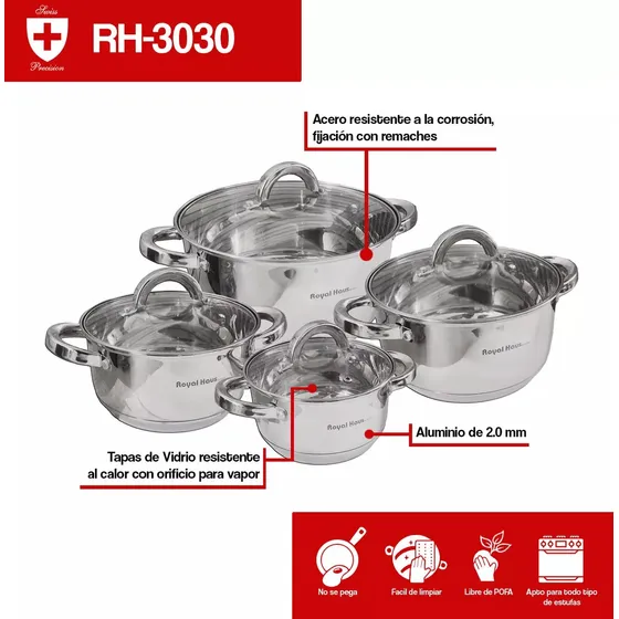 Juego de 4 Cacerolas con Tapa Royal Haus RH-3030 - Acero Inoxidable, Color Plateado