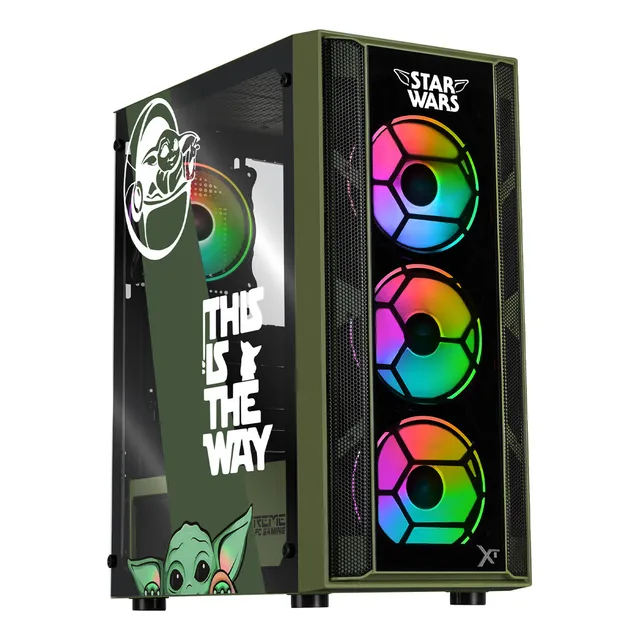 Gabinete Gamer Xtreme Pc Gaming Grogu Comic Edition Media Torre Atx 4 Fan Argb Cristal Templado Verde Militar