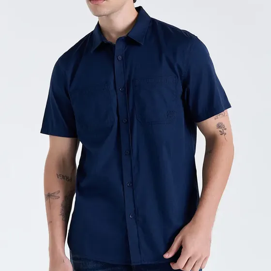 Camisa Slim Fit Manga Corta Para Hombre Azul Colon
