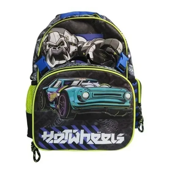 Mochila Niño Lonchera Escolar Hot Wheels Niños Autos Verde Color Negro con verde y azul