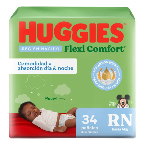 Pañales Huggies Flexi Comfort Talle Rn X 34 Un Comodidad y absorcion dia y noche