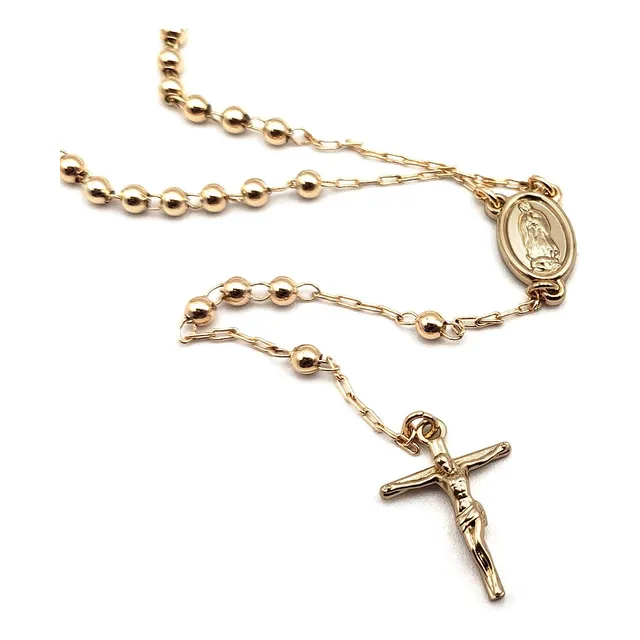 Rosario Cadena Collar Dije Cruz Baño En Oro Rosa 60cm Dios