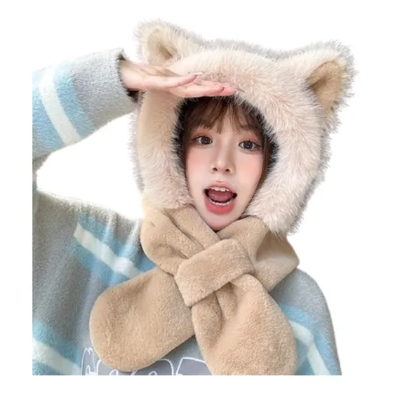 Gorro + Bufanda Abrigador Peluche Suave Para Invierno Kawaii Marrón Orejas Gatito Único