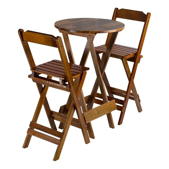 Jogo Mesa Bistrô C/2 Banquetas Altas Dobrável Madeira Maciça Cor Mel - Redondo
