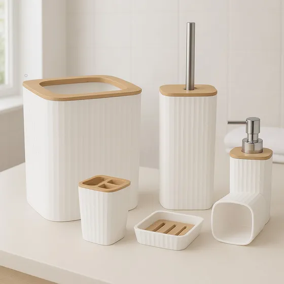 Set De Accesorios De Baño Jazak / 6 Piezas / Bambú / Estilo Nordico / Dispenser Jabón Líquido / Jabonera / Vaso Portacepillos / Vaso Multiuso / Cesto De Basura / Escobilla De Limpieza