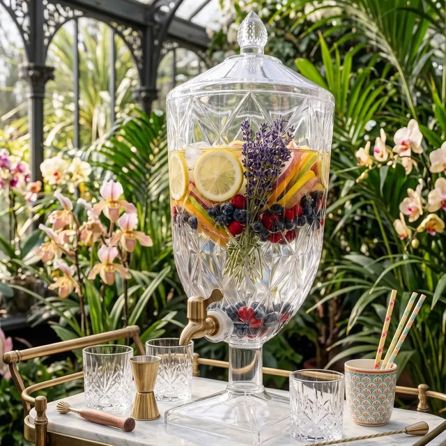 Suqueira transparente de 4,5 litros com torneira dourada, decorada com fatias de limão, frutas vermelhas e lavanda, sobre um carrinho de bar com copos de vidro e utensílios de preparo.