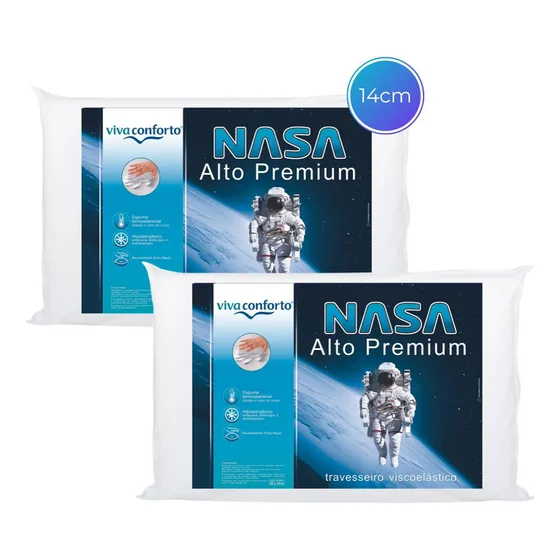 Kit 2 Travesseiros Nasa Visco Perfil Alto 14cm Antialérgico